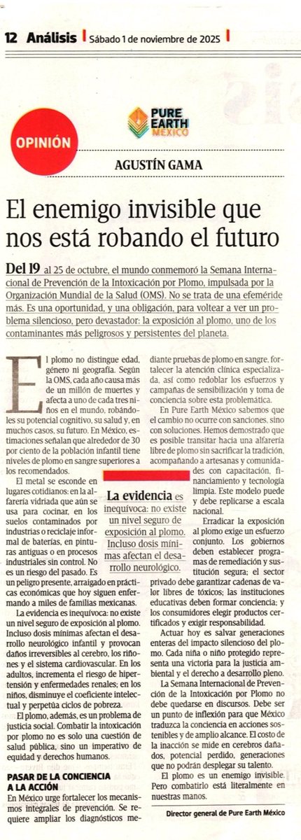 PureEarthMexico's tweet photo. 🗞️ Te invitamos a leer nuestro artículo “El enemigo invisible que nos está robando el futuro” en El Sol de México y El Sol de Puebla.

El plomo es una amenaza silenciosa que afecta  la salud en México.

Cada pieza libre de plomo transforma vidas y futuro. https://t.co/a8dL3M8fSq