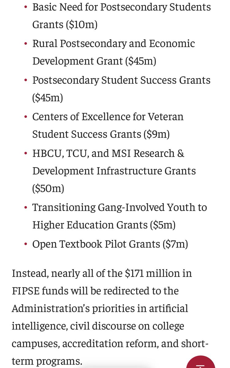 edfunding's tweet photo. FYI - @usedgov is ending 7 basic needs grants within the Fund for the Improvement of Postsecondary Education to fund AI, accreditation reform, civil discourse, and other Administration priorities. See @hope4college statement for details https://t.co/JTUYkgUNRM