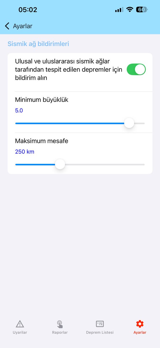 benim #deprem bildirimi ayarlarım bu şekilde. Depremin yayılma hızı 5-8km/sn olduğuna göre Sındırgı’da olan depremi yaklaşık olduğum yerden 30 sn öncesinden uyarı veriyor.