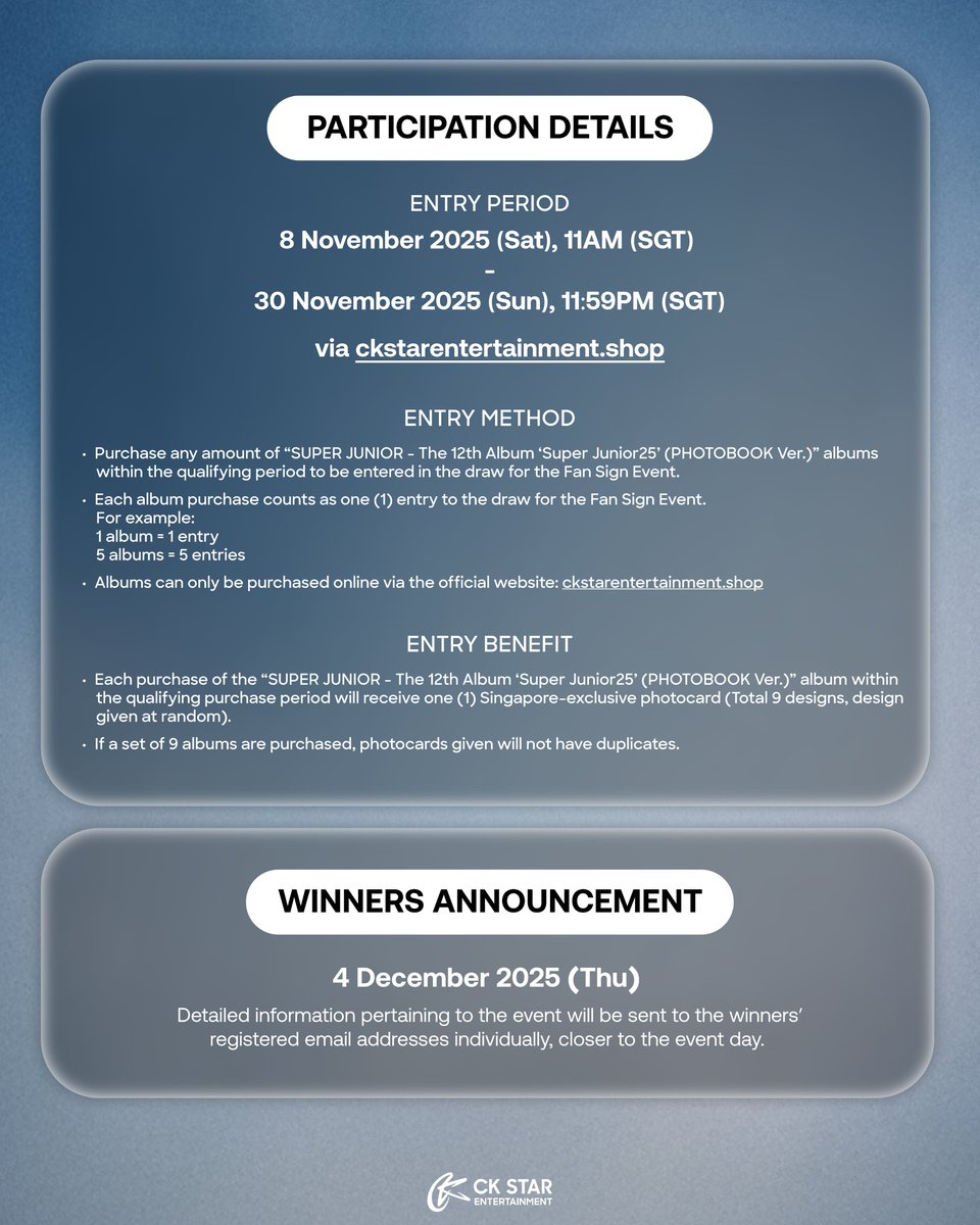 koreamonthly's tweet photo. [UPCOMING] 'Super Junior25' FAN SIGN EVENT IN SINGAPORE on New Year's Day! 🥳

📅 1 Jan 2026 (Thurs)
📍 Closed event, only disclosed to winners
💿 Entry Period: 8 Nov 2025 (Sat), 11AM - 30 Nov 2025 (Sun), 11:59PM (link found in @ckstarsg's bio)

#슈퍼주니어 #SUPERJUNIOR https://t.co/Fp27c5irYj