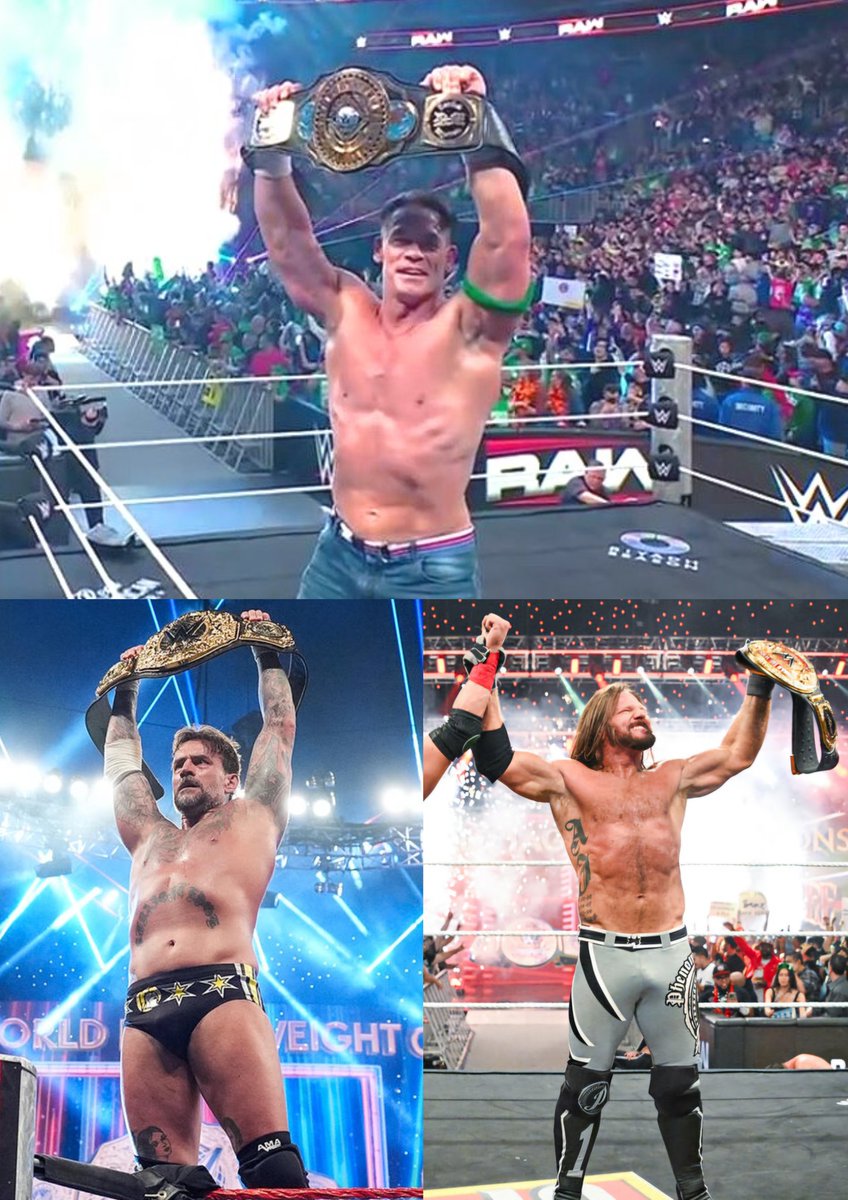 RhodesKotaEra's tweet photo. John Cena, CM Punk, and AJ Styles are now all champion at the exact same time 🥹

#WWERaw https://t.co/Ukzm01qyis