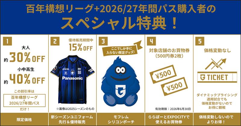 GAMBA_OFFICIAL's tweet image. 本日11/12（水）12:00より2025ファンクラブ会員対象‼️
百年構想リーグ+2026/27年間パス受付が開始⭐️
年間パスの選択可能座席は2027/28シーズン受付まで増枠はこざいません。
ご購入はお早めに、お願いいたします🔥

◎お申込みはこちら
go.fan-engagement.com

#ガンバ大阪　#GAMBAOSAKA
