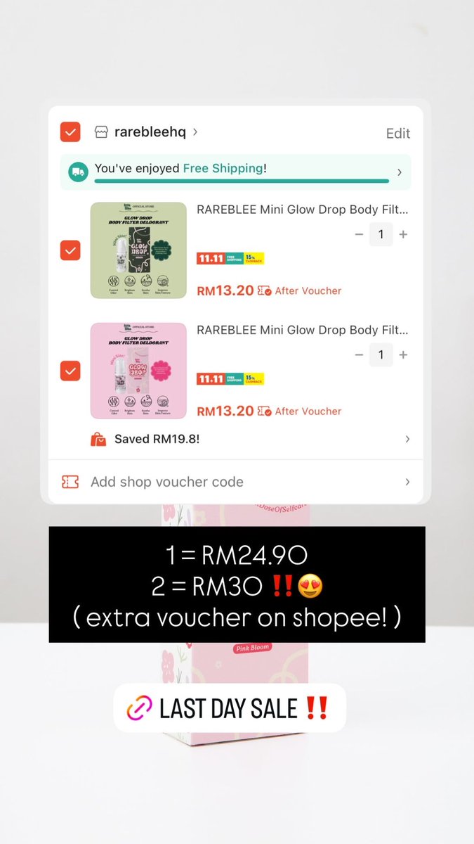 ‼️ 11.11 DEALS END TONIGHT ‼️

Ni sale rugi orang kata , janji kita semua boleh wangi bersama. Ehh 🤭

Sale macam ni tak boleh lama lama. Nanti tutup kedai 🤣 so hurry up bestie! 

💕 FULL SIZE : 11% OFF 
💕 MINI SIZE : 2 for RM30 

Shop here : s.shopee.com.my/6psnNLTErh