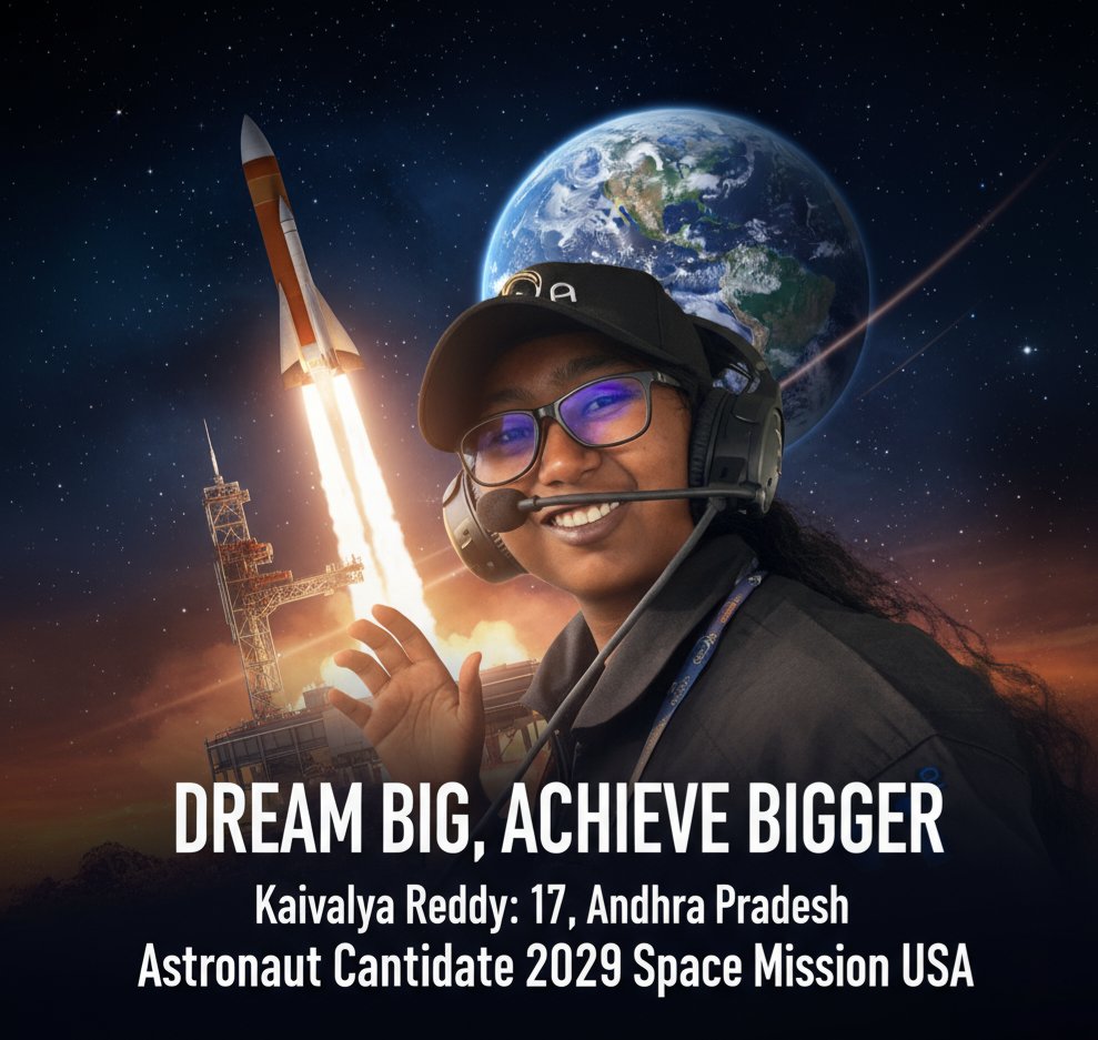 💡"आकाश की ऊचाइयाँ अब ज़मीं का पता पूछती हैं क्योंकि Kaivalya जैसे सितारे अब भारत से निकलते हैं"
17-Year-Old Indian Teen Kaivalya Reddy Rockets into History as Astronaut Candidate!💡
....Kunchala Kaivalya Reddy एक 17-year-old प्रतिभाशाली लड़की Andhra Pradesh से Titans Space