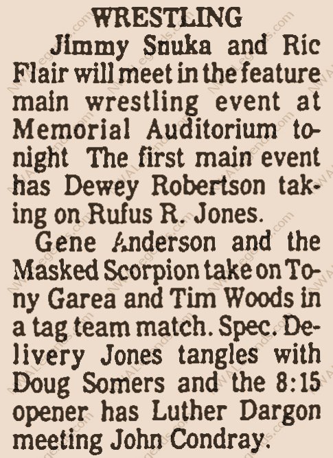 NWALegends's tweet image. November 10, 1979 - Ric Flair won by disqualification over United States champion Jimmy Snuka 46 years ago tonight at the #Spartanburg Memorial Auditorium!

NWALegends.com