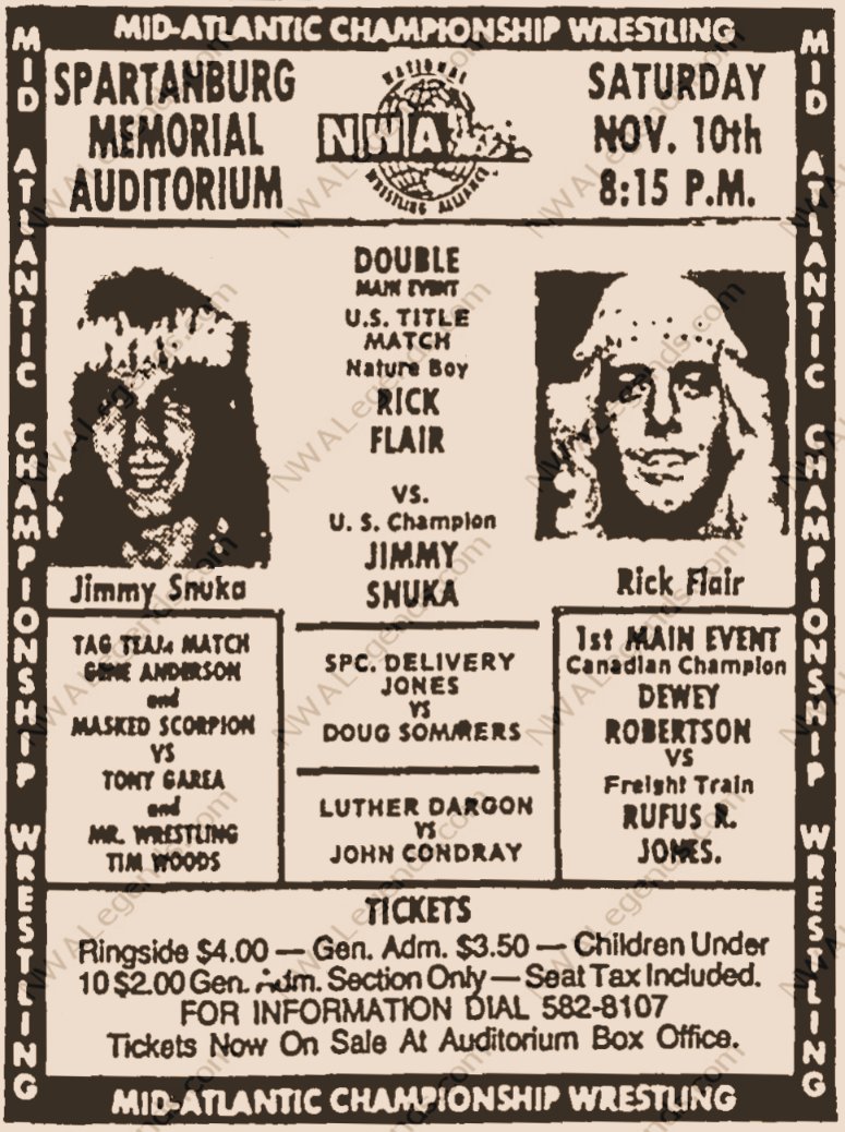 NWALegends's tweet image. November 10, 1979 - Ric Flair won by disqualification over United States champion Jimmy Snuka 46 years ago tonight at the #Spartanburg Memorial Auditorium!

NWALegends.com