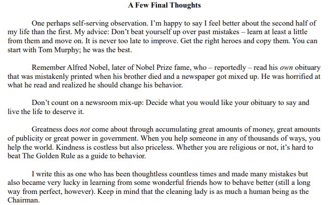 AsiaFinance's tweet image. 巴菲特没留下著作，这可能是他的遗憾。这是巴菲特写给股东信的几点最后的感想，是他在伯克希尔·哈撒韦年报中常见的那种人生箴言式总结。核心内容如下：1.永远可以变得更好，不要被过去困住。不要因为过去的错误责备自己，吸取一点教训，然后继续前进。他还说，“找到正确的榜样并向他们学习”。他特别提…