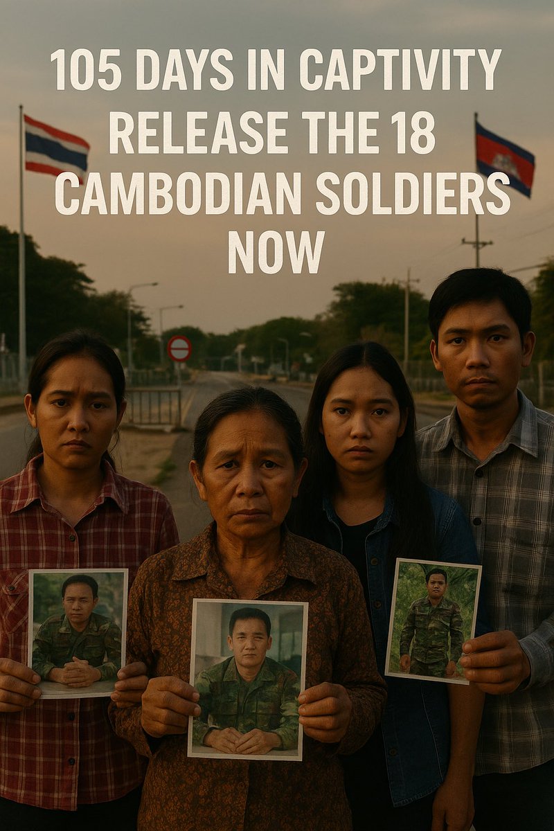 KonNeakh's tweet photo. It has been 105 days since 18 Cambodian soldiers were captured under the captivity of the Thai military.
Cambodia urgently calls on the Thai side to release them immediately, so that they may be safely reunited with their families in accordance with international humanitarian law.

#ReleaseThe18 #HumanRights #Cambodia #JusticeNow #FreeTheSoldiers