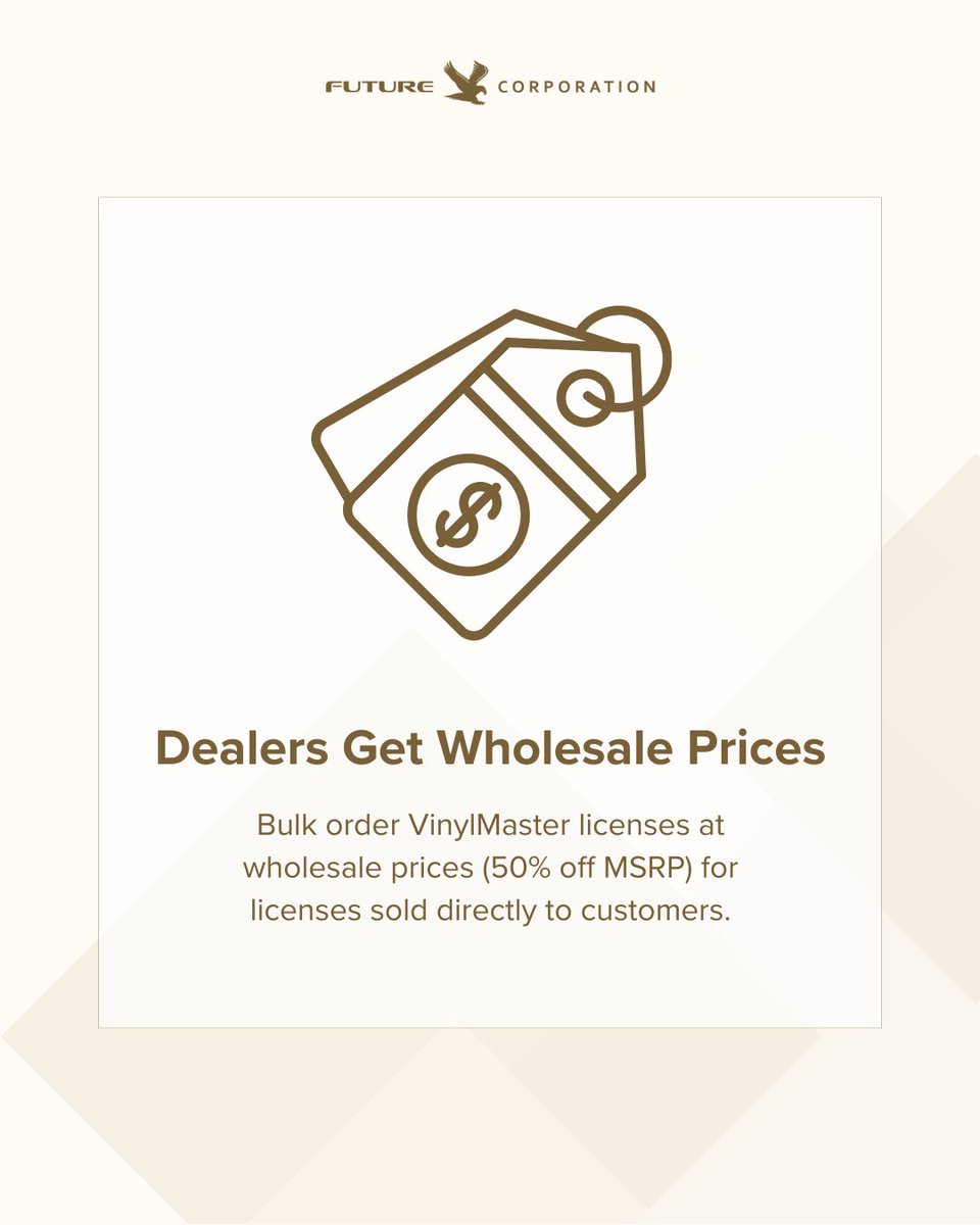 fclsoftware's tweet image. Dealers, take advantage of wholesale pricing with VinylMaster! Order licenses in bulk and get 50% off MSRP on licenses sold directly to customers. A smarter way to boost profits and grow your business.

#fclsoftware #design #software #designsoftware