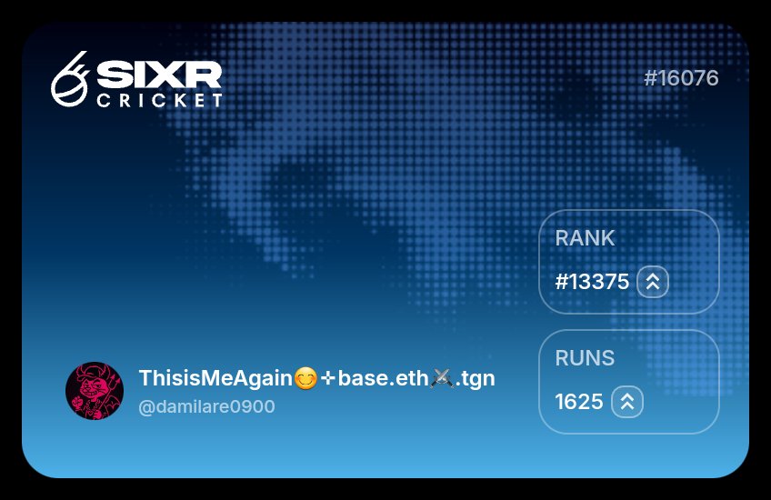 Get started on SIXR_criket today, very easy and straightforward 

follow this link to get started: firstinnings.sixrcricket.com/?r=08b25e4325f4

→ Connect X account
→ Connect Discord
→ Complete social tasks
→ Do booster tasks
→ Daily spins
→ Post about SIXR on X (tag $SIXR or <a href="/SIXR_cricket/">SIXR Cricket</a>) to