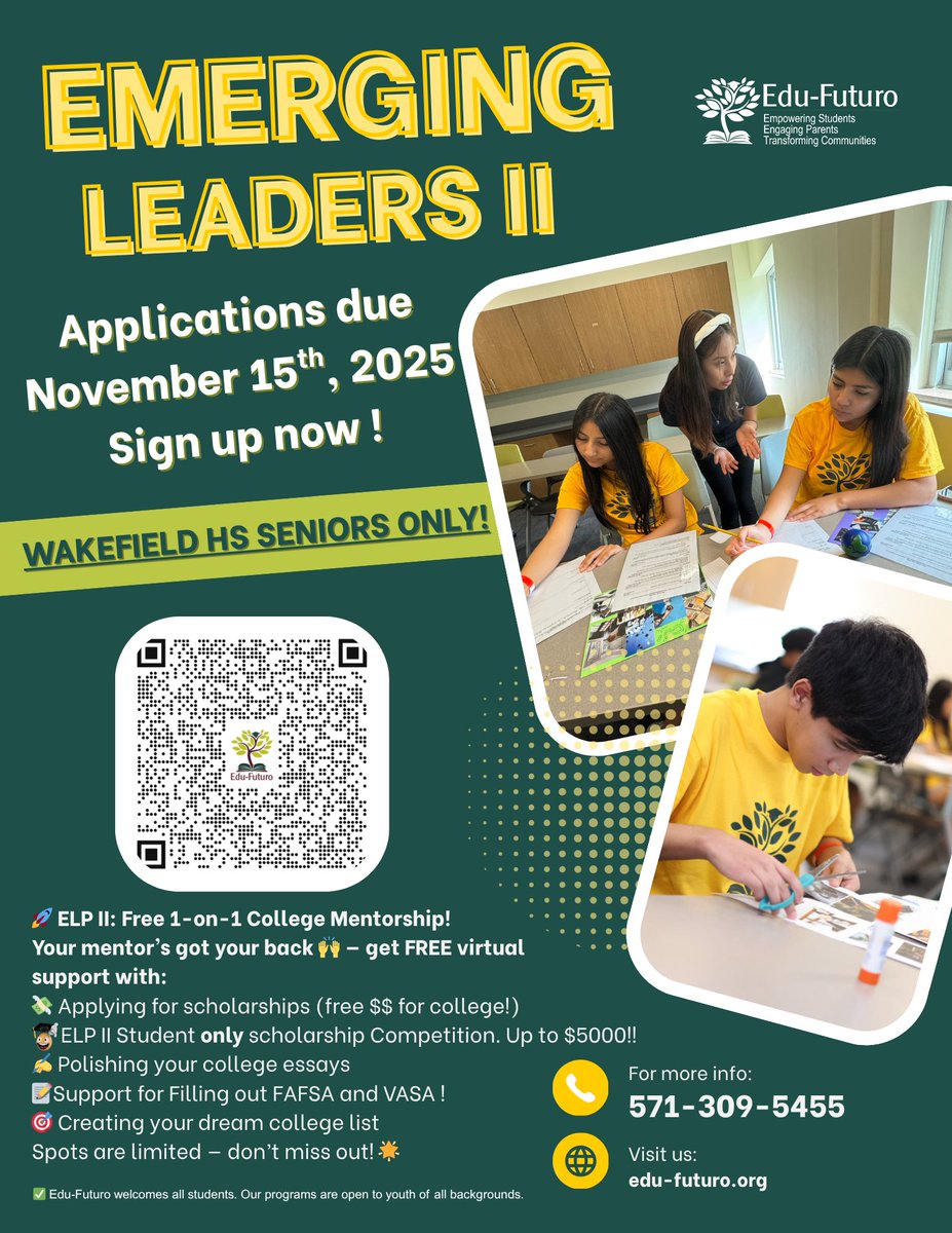 Calling all Wakefield High School seniors! Emerging Leaders II applications are due November 15th! 

Scan the QR code or sign up here: bit.ly/47UmLO1 to gain access to a free college mentor, scholarship opportunity, and more!