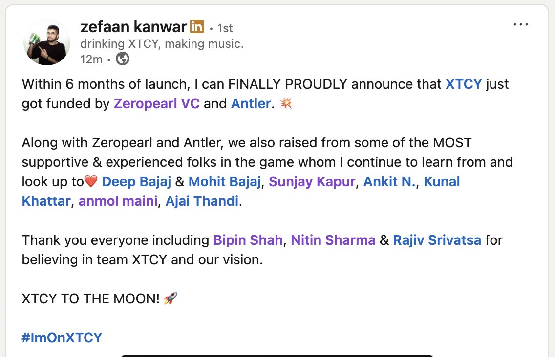 anmolm_'s tweet photo. this led to an investment. stoked to announce our portco xtcy just raised a round of capital from zeropearl and antler

fight on✌️! https://t.co/C2wPY6USIW