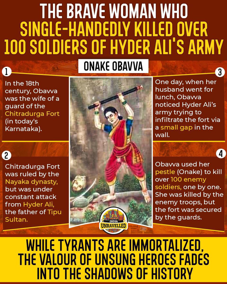Girishbdwj's tweet photo. ವೀರವನಿತೆ ಒನಕೆ ಓಬವ್ವನವರ ಜಯಂತಿಯಂದು ಶತ ಶತ ನಮನಗಳು.
The tale of Onakke Obavva, unsung heroine who fought against Hyder Ali’s forces.

Via India Unravelled https://t.co/XT8KtkBNMe