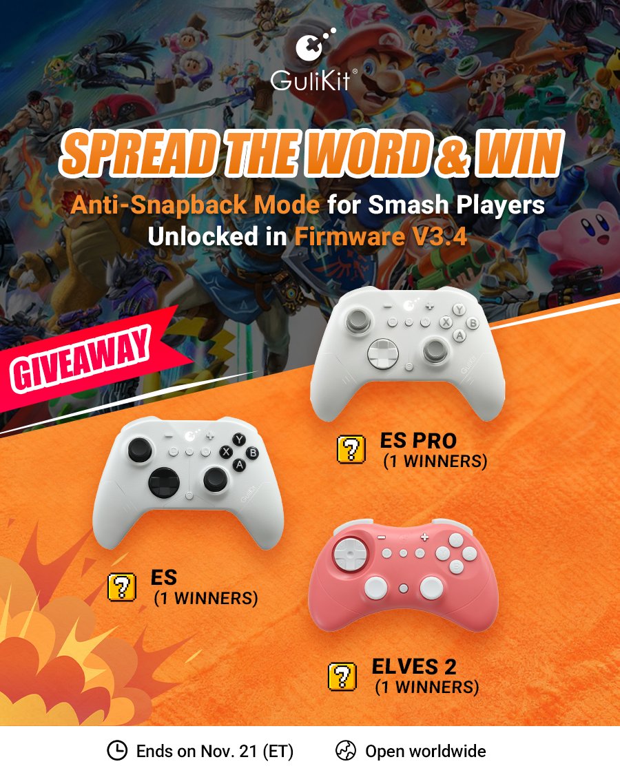 GuliKitDesign's tweet image. Big news, Smash players!👊 We’ve just rolled out a major firmware update with a brand-new feature designed especially for Super Smash Bros. Ultimate players — a thoughtful Anti-Snapback Mode that prevents accidental turnaround when your stick returns to the center!

👉 Download…