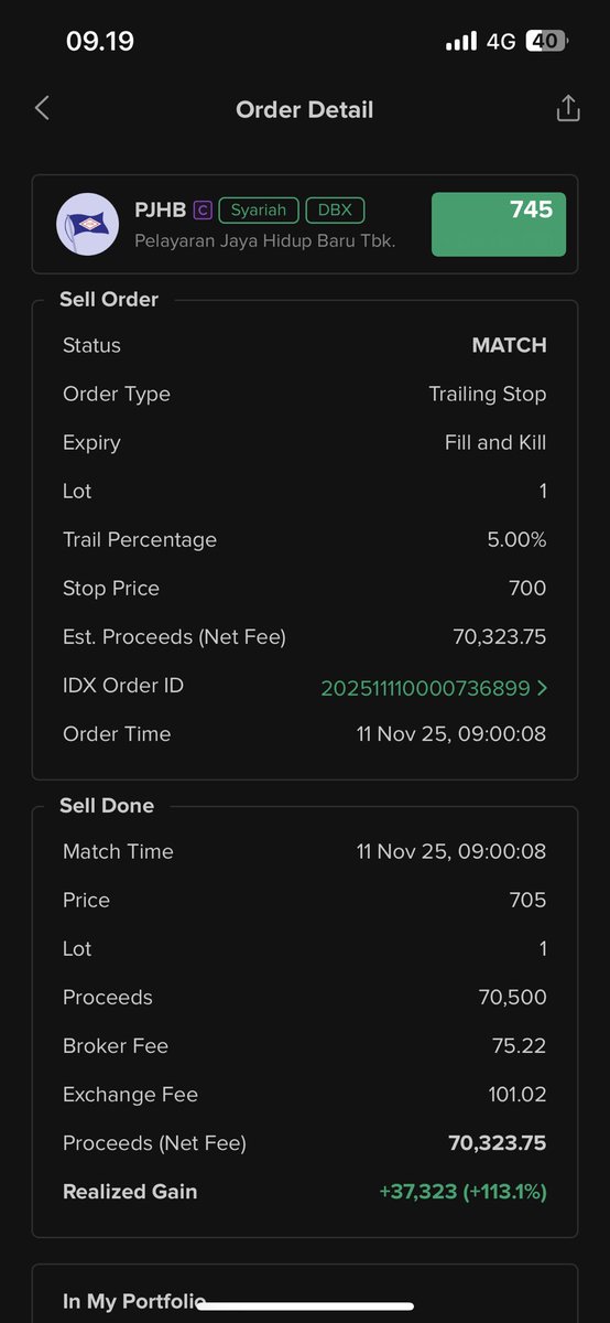 Yak bodoh, si manusia yang suka coba berbagai hal ini mencoba trailing stop ke PJHB, padahal tinggal gunaian pemikiran yang sama dengan cdia dan coin aja 😭 
Ah cuma 33k, biarin aja kalau hilang 

Cuma ya udin lah, emang udah rezekinya yah