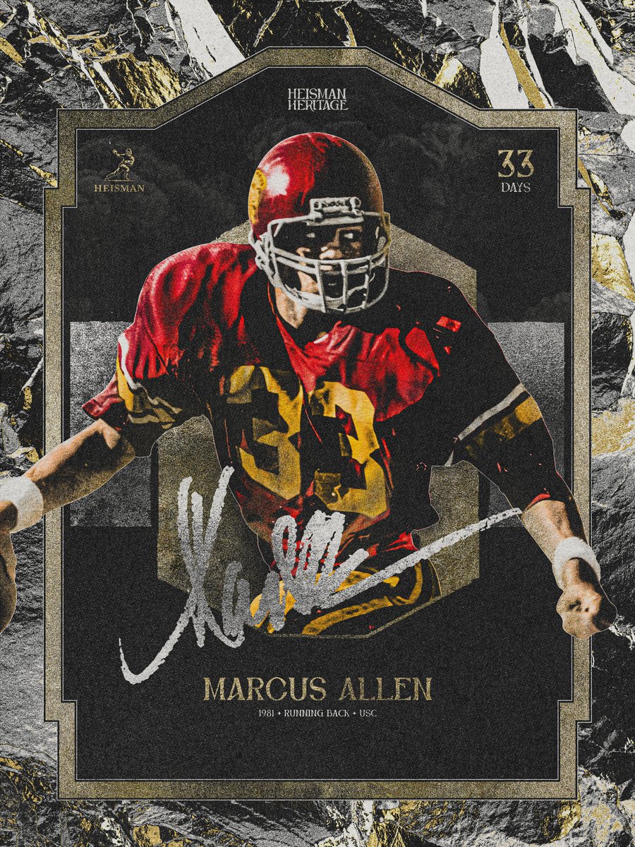In 1981, Marcus Allen won <a href="/uscfb/">USC Football ✌️</a>'s fourth Heisman Trophy while becoming the first player to rush for over 2,000 yards in a season. The Trojan legend remains the only player ever to win a national title, Heisman, Super Bowl, Super Bowl MVP, and NFL MVP.

#HeismanHeritage | 33 Days