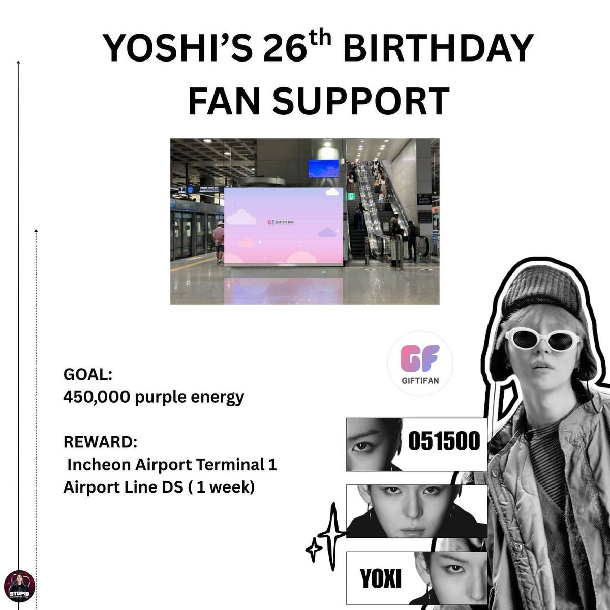 GIFTIFAN: YOSHI’S BIRTHDAY FAN SUPPORT 2026

Hoshis/Teumes👋
Our fan support for YOSHI is NOW OPEN on Giftifan!
📲Please help by purchasing &amp; sending Purple Energy on the app!

🎯480,000💜
🗓 Apr 12, 2026
📍Incheon Airport T1, Line D5

👉giftifan.page.link/mjYg
Let’s unite and