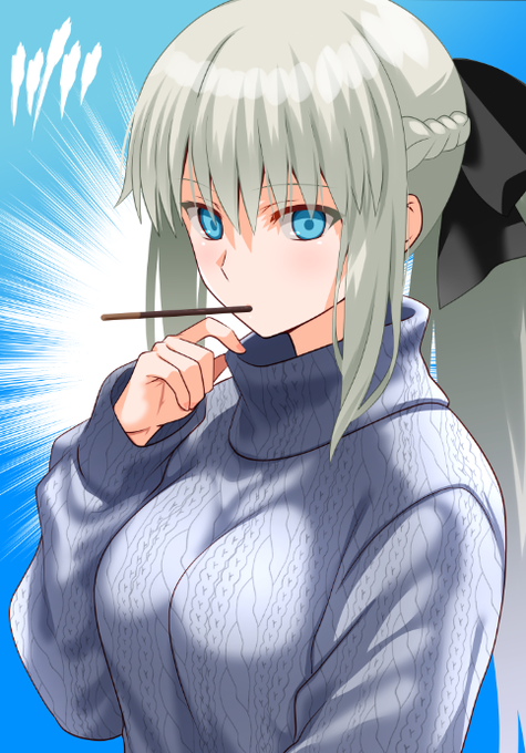 縦セタの日だったので着てもらったらポッキーゲームを要求してくる若妻モルガン陛下。 ポッキー&プリッツの日だったね! #11月11日はたてセタの日 #FGO