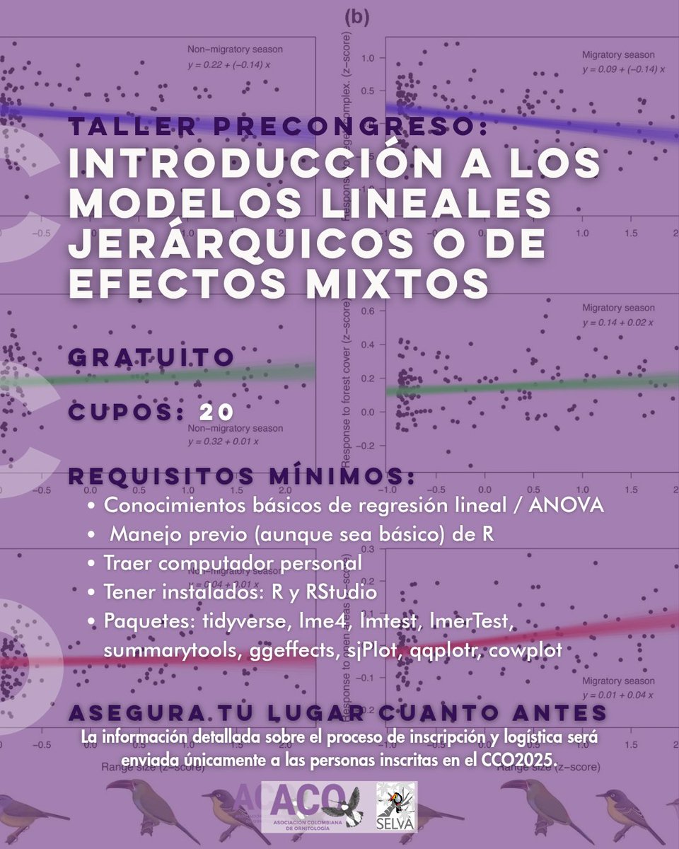 📊 Curso precongreso #CCO2025
💡 Introducción a los modelos lineales jerárquicos o de efectos mixtos
📅 9 dic 
💰 Sin costo (solo inscritos al congreso)
📈 Aprende a aplicar modelos jerárquicos en estudios de ornitología.
<a href="/EBoteroD/">Esteban Botero D.</a> <a href="/selvaorgco/">SELVA</a>