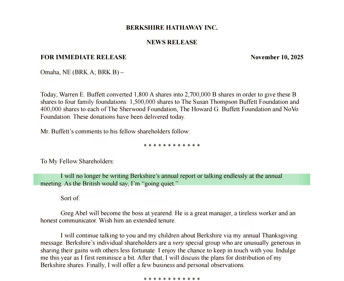 ZenNivesh's tweet image. End of an Era.

Today feels heavier than usual.
Warren Buffett has announced that he will no longer be writing Berkshire’s annual letter.

For many, this is just news.
For some of us, it is the closing chapter of a personal journey.

When I first entered the world of investing…