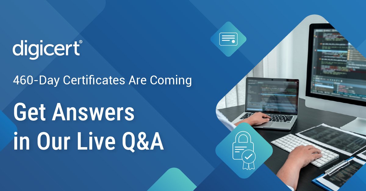 digicert's tweet image. Don’t let #codesigning fall behind on your New Year's resolutions.

On March 1, 2026, the new 460-day validity rule takes effect. On November 18, #DigiCert experts will answer your questions and help you stay ahead.

➡️ Reserve your spot today: events.zoom.us/ev/AlQon3JDvrM…
