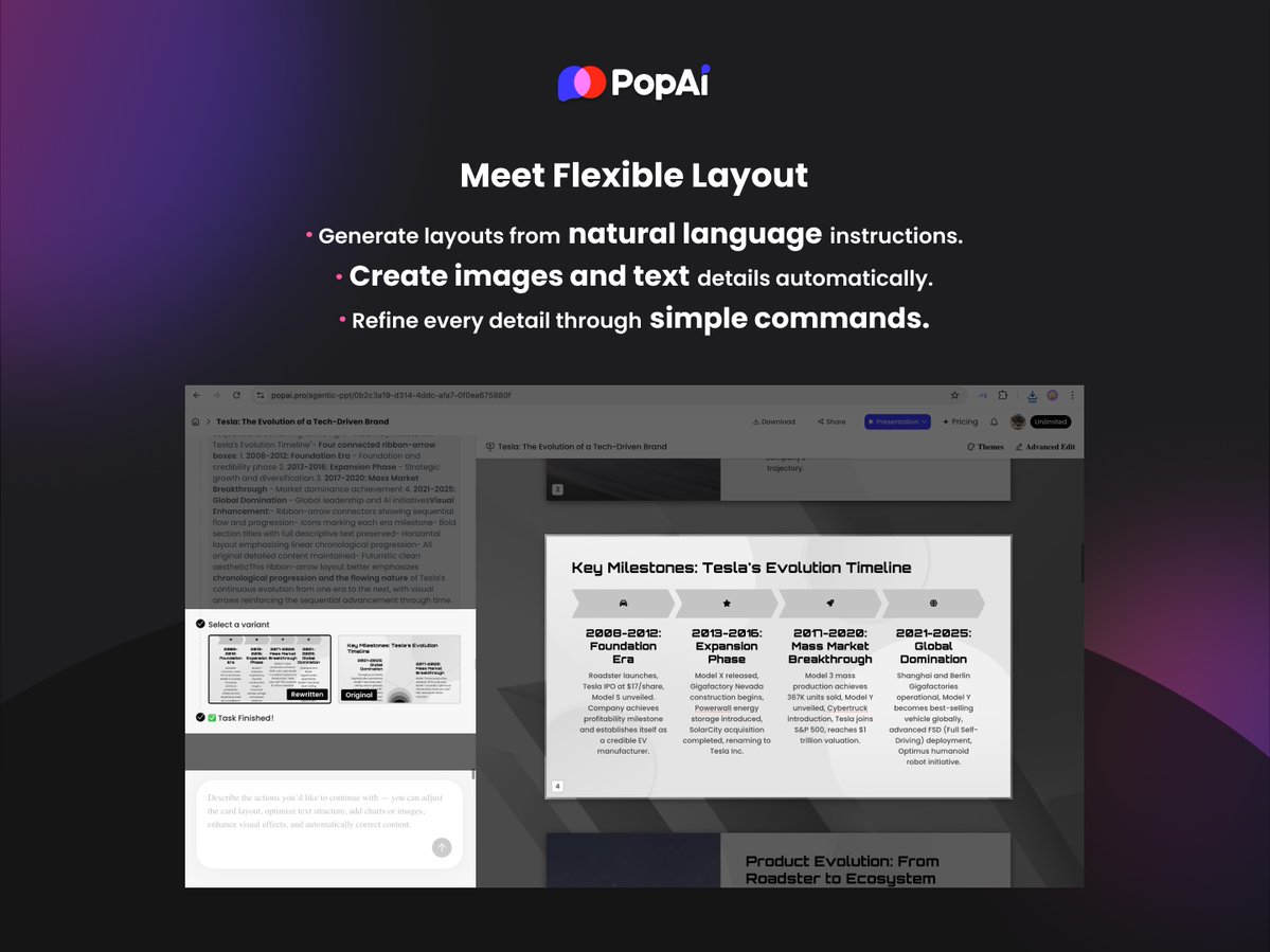 popaiinone's tweet image. Templates limit creativity.

PopAi Flexible Layout sets it free.

Create, refine, and design — all through natural language.

✨ Try it now → popai.pro

#powerpoint #popai #slides #agent #aitools #productivity #presentation