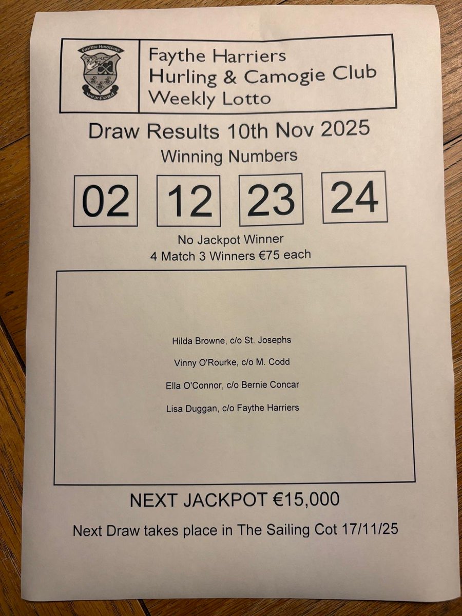 Lotto Results Monday 10/11/25. There was no Jackpot winner. There were 4 match 3 winners who each win €75. Our ￼next Jackpot is €15,000 and the draw takes place on Monday 17/11/25. smart-lotto.ie/faythe-harrier…