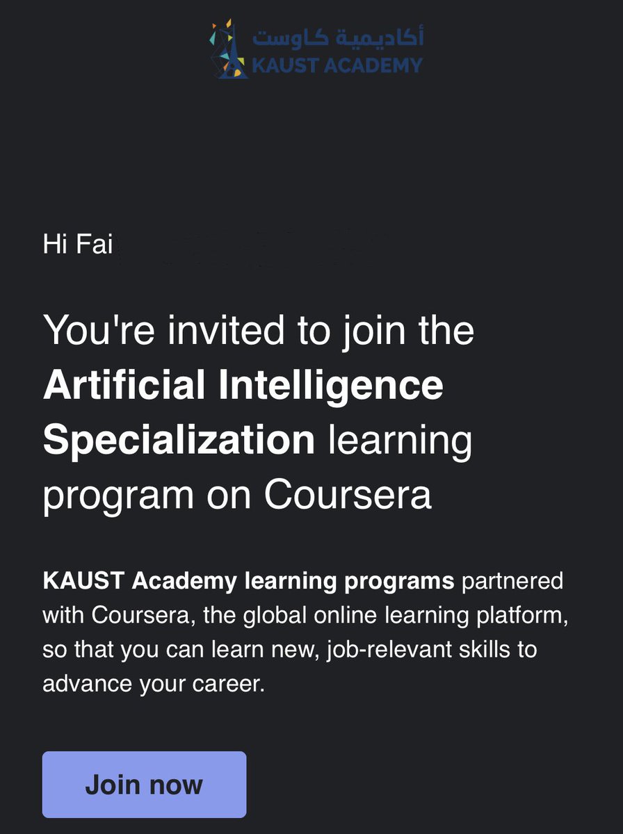 Accfaii's tweet photo. KAUST Artificial Intelligence Specialization Stage 1 الله يجعلها بداية خير  🤲🏽 https://t.co/VxVnHlXHsg