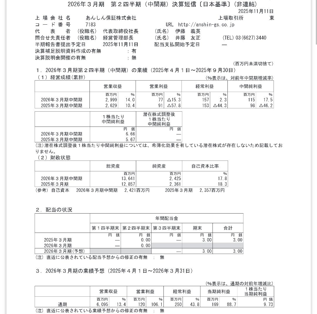 あんしん保証[7183]：2026年3月期第2四半期（中間期）決算短信〔日本