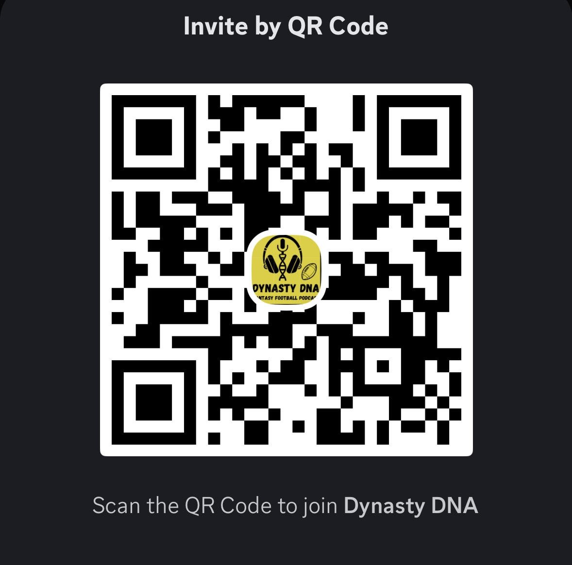 We invite you to join our expanding fantasy football community over on the Discord app server and The YouTube channel. Scan our QR codes, then say hi and as make sure you subscribe and get those notifications 🔔  on so you know when we go live!

Discord server: Dynasty DNA
