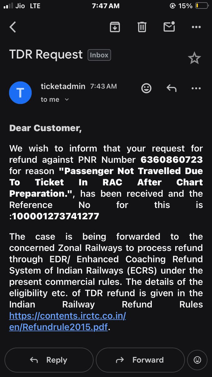 binaythakurvlog's tweet image. PNR 6360860723 | Ref: 100001273741277
TDR filed for “Passenger not travelled – Ticket in RAC after chart preparation.” Still no refund processed. Requesting immediate action from @IRCTCofficial &amp;amp; @RailMinIndia within 7 days before I escalate this further. #IRCTC #RefundDelay