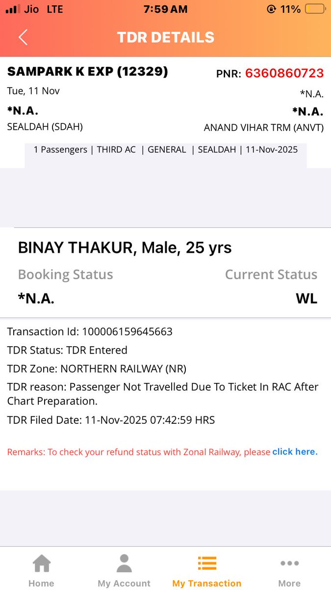 binaythakurvlog's tweet image. PNR 6360860723 | Ref: 100001273741277
TDR filed for “Passenger not travelled – Ticket in RAC after chart preparation.” Still no refund processed. Requesting immediate action from @IRCTCofficial &amp;amp; @RailMinIndia within 7 days before I escalate this further. #IRCTC #RefundDelay