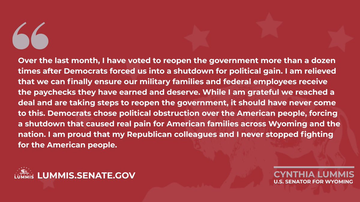 After inflicting more than 40 days of pain on the American people, eight Senate Democrats joined <a href="/SenateGOP/">Senate Republicans</a> in opening up the government.

While I’m glad there’s a path forward, I’m disappointed Democrats put politics over the good of our country for more than a month.