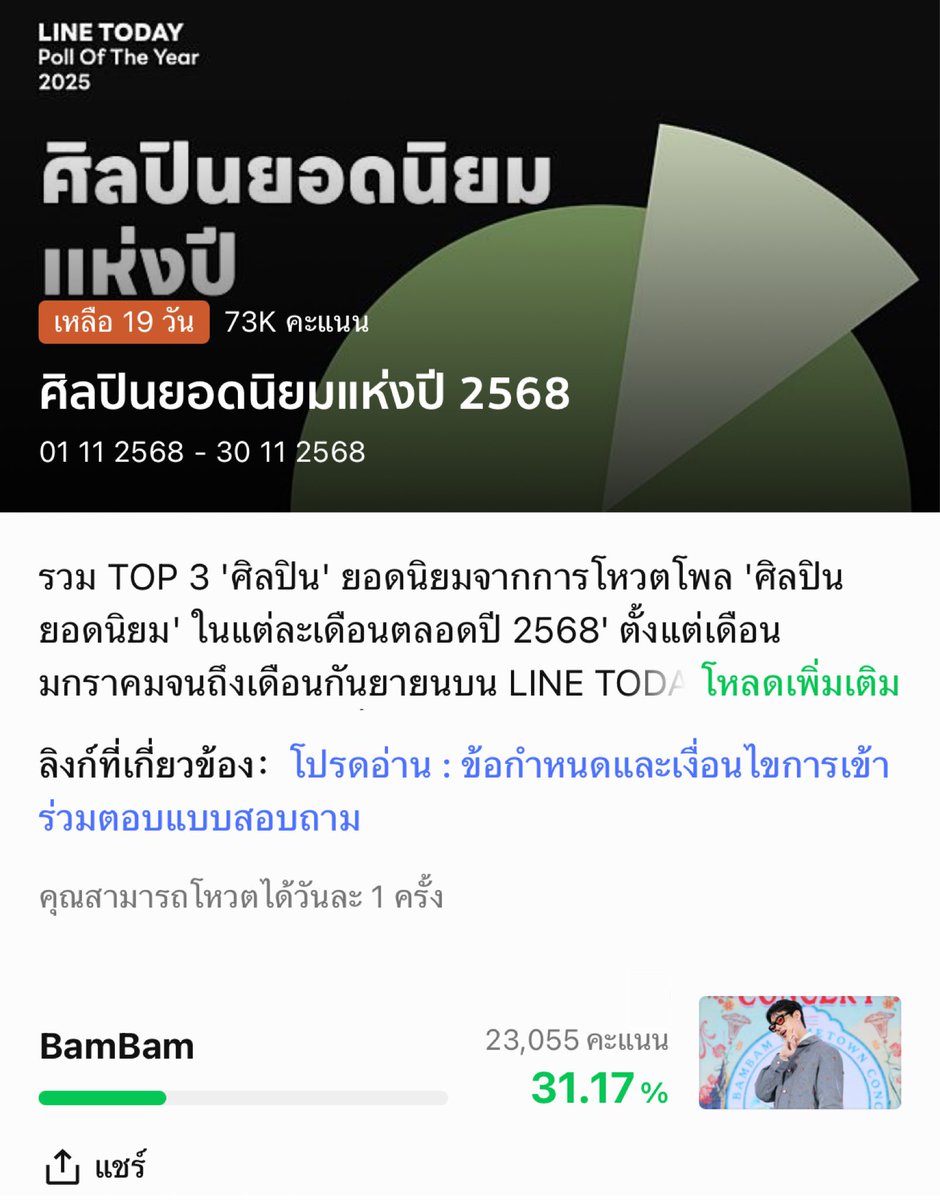 BamBamBooster's tweet photo. วันนี้คุณโหวตให้แบมแบมแล้วหรือยัง?

[รวม Link โหวตภาคพื้นประเทศไทย] 

1️⃣ POLL | LINE TODAY (สิ้นสุดการโหวต 30 พฤศจิกายนนี้)

ความภูมิใจแห่งปี 2568 (1 ID LINE โหวตได้ 1 ครั้งเท่านั้น)
—โหวต ✅ BamBam ร้องเพลงที่วาติกัน
🔗 https://t.co/IvagqqtsgP

ศิลปินยอดนิยมแห่งปี 2568  (1 ID LINE โหวตได้ 1 ครั้งต่อวัน โหวตได้ทุกวัน*)
—โหวต ✅ BamBam
🔗 https://t.co/vC1DLvx36m

เพลงฮิตแห่งปี 2568 (1 ID LINE โหวตได้ 1 ครั้งต่อวัน โหวตได้ทุกวัน*)
— โหวต ✅ไม่มีใครสักคืน (Dancing By Myself) - BamBam Feat. TIMETHAI
🔗 https://t.co/V6mBqCmPJg  

D-11 HOMETOWN CONCERT
#BamBam #뱀뱀 @BamBam1A @BAMBAMxBAMMIE