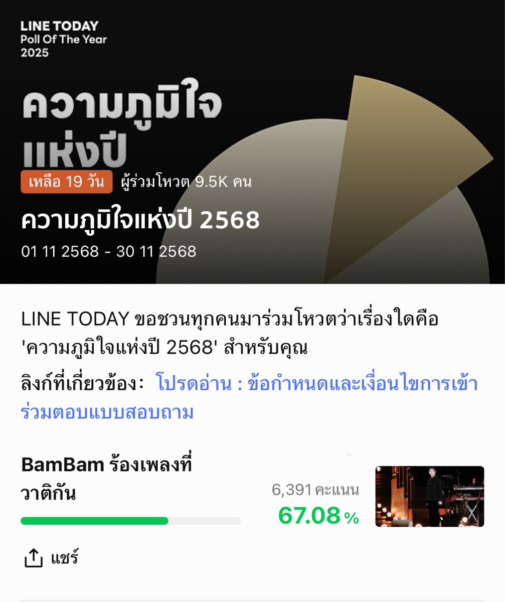 BamBamBooster's tweet photo. วันนี้คุณโหวตให้แบมแบมแล้วหรือยัง?

[รวม Link โหวตภาคพื้นประเทศไทย] 

1️⃣ POLL | LINE TODAY (สิ้นสุดการโหวต 30 พฤศจิกายนนี้)

ความภูมิใจแห่งปี 2568 (1 ID LINE โหวตได้ 1 ครั้งเท่านั้น)
—โหวต ✅ BamBam ร้องเพลงที่วาติกัน
🔗 https://t.co/IvagqqtsgP

ศิลปินยอดนิยมแห่งปี 2568  (1 ID LINE โหวตได้ 1 ครั้งต่อวัน โหวตได้ทุกวัน*)
—โหวต ✅ BamBam
🔗 https://t.co/vC1DLvx36m

เพลงฮิตแห่งปี 2568 (1 ID LINE โหวตได้ 1 ครั้งต่อวัน โหวตได้ทุกวัน*)
— โหวต ✅ไม่มีใครสักคืน (Dancing By Myself) - BamBam Feat. TIMETHAI
🔗 https://t.co/V6mBqCmPJg  

D-11 HOMETOWN CONCERT
#BamBam #뱀뱀 @BamBam1A @BAMBAMxBAMMIE