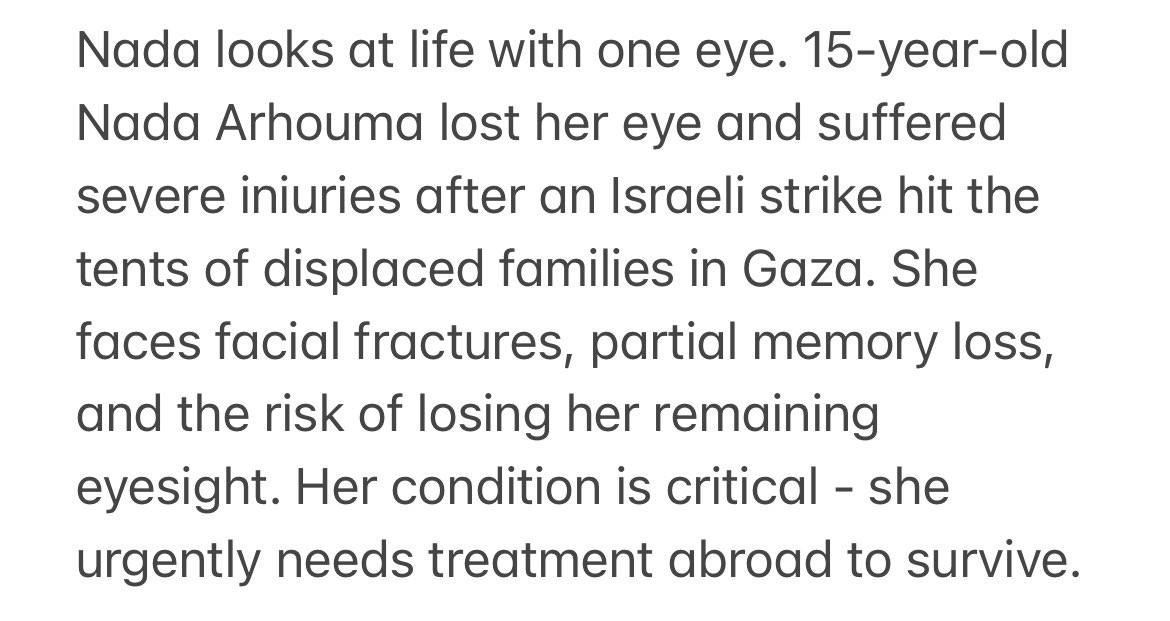 doaa__mohammad's tweet image. Nada looks at life with one eye. 15-year-old Nada Arhouma lost her eye and suffered severe iniuries after an Israeli strike hit the tents of displaced families in Gaza.💔💔