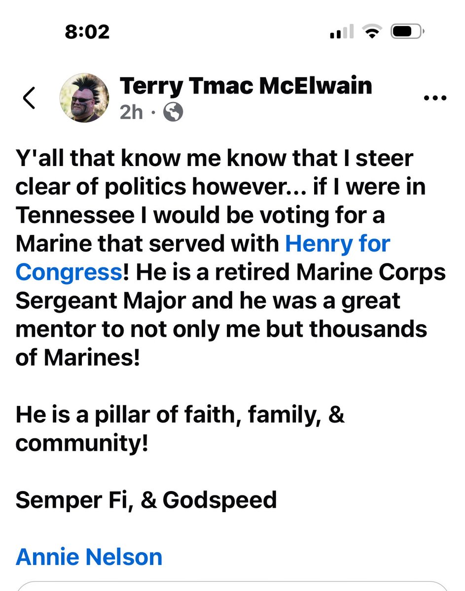 TheAnnieNelson's tweet photo. Hey #Tennessee time to step up and get behind #USMC retired #SgtMajor @henry4congress #JonHenry he is truly our ONLY #Conservative in the race to fill @JohnRoseforTN Congressional seat! Check out this post from another #DevilDog!
@POTUS @VP @johnrich @MrsErikaKirk @GenFlynn @RepEliCrane @SenRickScott @Dakota_Meyer
https://t.co/LlQE7yvffs