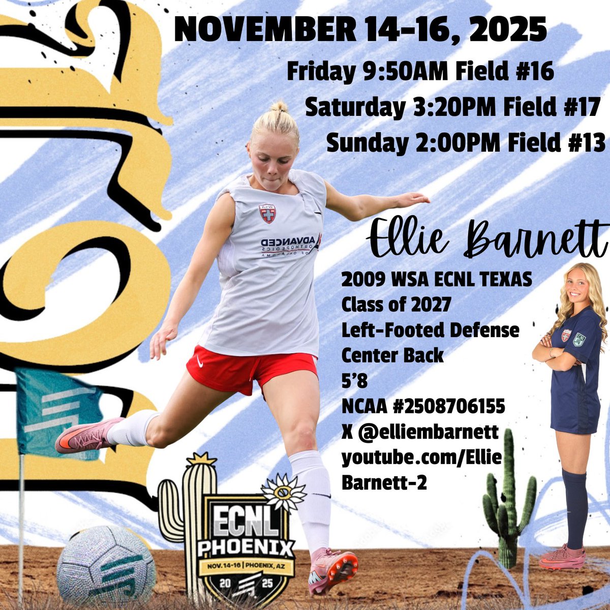The ONE and only <a href="/ECNLgirls/">ECNL Girls</a> Phoenix Showcase 🏜️⚽️🌵

I’ll be #2 in Navy &amp; White with the WSA shield this weekend! #sidebeforeself 

👉 Friday 9:50AM Field 16
👉 Saturday 3:20PM Field 17
👉 Sunday 2:00PM Field 13

<a href="/WSA2009ECNL/">WSA 2009 ECNL GIRLS</a> <a href="/SoccerWSA/">WSA Soccer Club</a> <a href="/ImYouthSoccer/">ECNL/GA/Recruiting/College Soccer</a> @ECNLTexas <a href="/TheSoccerWire/">SoccerWire</a>