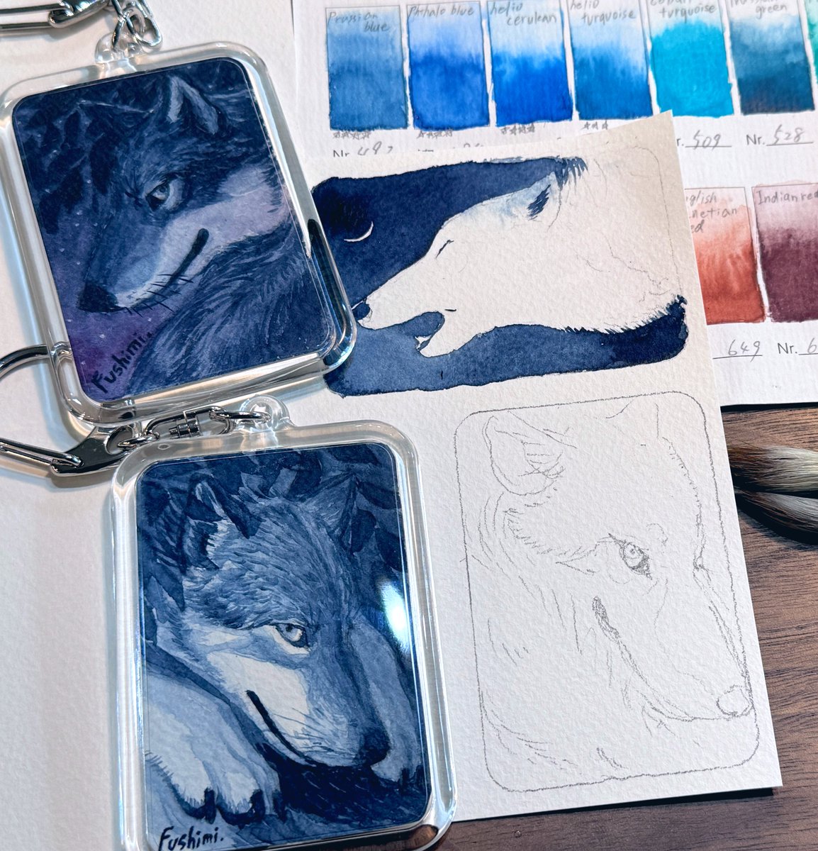 手描きの水彩ミニ原画キーホルダー🐺 週末の #デザフェス へ持っていき