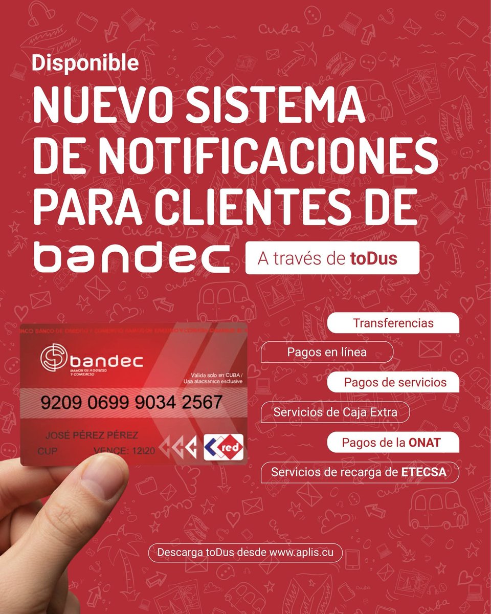 💥Ahora con toDus puedes recibir notificaciones 💬de tus operaciones bancarias con BANDEC 💳 cuando realices pagos, transferencias o movimientos en tu cuenta 📲
Con la versión 2.056 puedes elegir #toDus como tu canal de notificaciones desde la web 👇 kiosco.bandec.cu