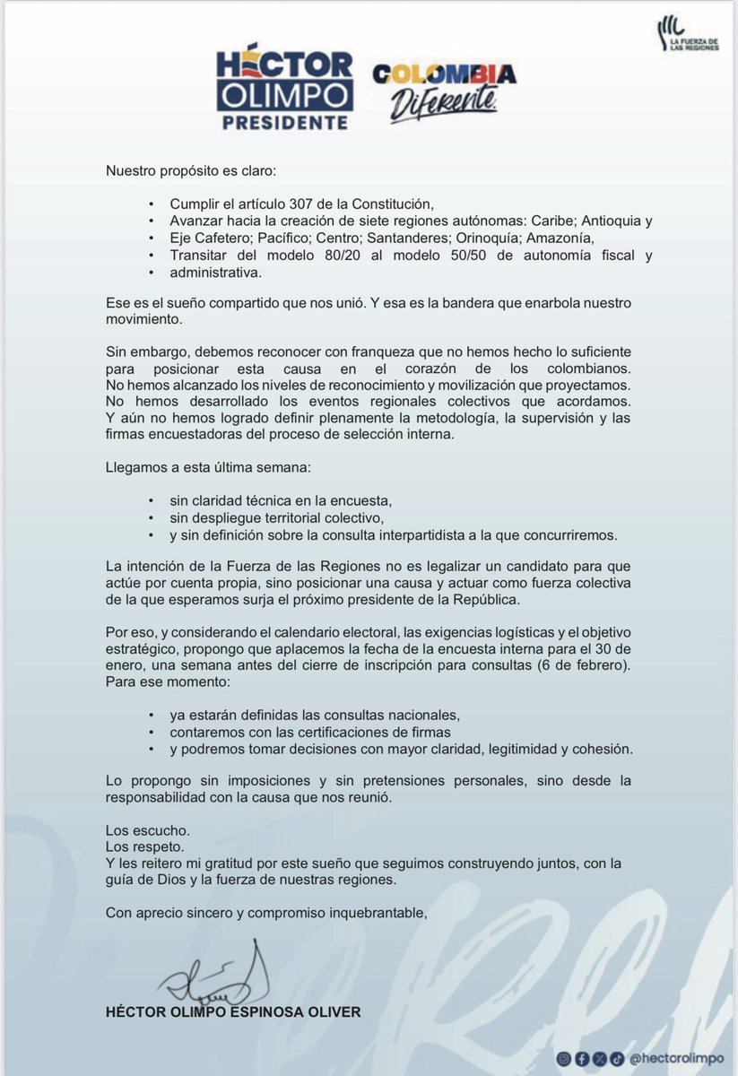 Con ocasión de las llamadas de amigos y medios de comunicación preguntándome cómo avanza la decisión de La Fuerza de las Regiones, quiero compartir con la opinión pública la carta que dirigí a mis compañeros Aníbal, Juan Guillermo y Juan Carlos este lunes 10 de noviembre, a