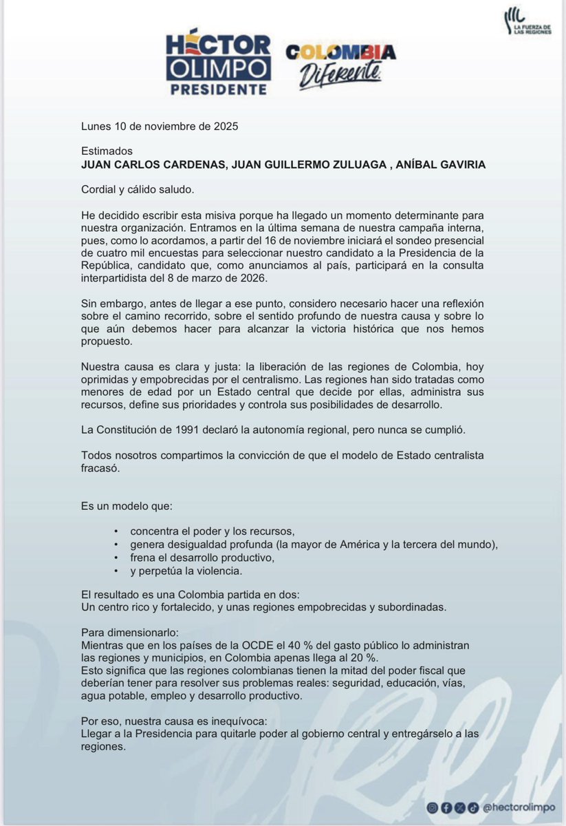 hectorolimpo's tweet photo. Con ocasión de las llamadas de amigos y medios de comunicación preguntándome cómo avanza la decisión de La Fuerza de las Regiones, quiero compartir con la opinión pública la carta que dirigí a mis compañeros Aníbal, Juan Guillermo y Juan Carlos este lunes 10 de noviembre, a primera hora de la mañana.

@fuerzaregiones 
@anibalgaviria 
@JuanGZuluaga 
@JCardenasRey