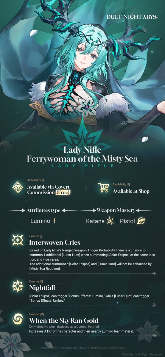 DNAbyss_EN's tweet photo. ✦ Combat Abilities | Lady Nifle (Lumino)

Over her long, quiet years, Lady Nifle had crossed the continent of Atlasia time and again. Her footsteps had reached farther than any adventurer sung of in tales.

✦ How to Obtain Characters
Free via Covert Commissions / Purchase Character Shards

✦ Follow the @DNAbyss_EN & Retweet this post and we will select 5 winners to receive a Random Character Badge.
Event Ends: November 24

✦ Download Duet Night Abyss
https://t.co/Xw8U1OY4cH

#DuetNightAbyss #LadyNifle
