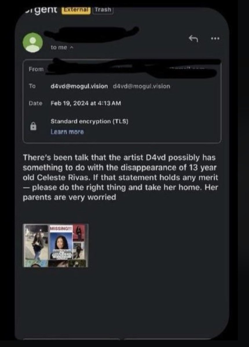 SF_investigates's tweet photo. Early in the case, I released information about an email that had been sent to #D4vd’s manager, Josh Marshall, and another person, notifying them that #CelesteRivasHernandez was a missing person. Josh publicly denied this in TikTok comments, claiming it wasn’t true.

However, an alleged copy of that email was leaked tonight on Reddit. The screenshot circulating online is said to be one that Josh himself took, sent to #D4vd, who then forwarded it to one of Celeste’s friends.

And there will be more that proves this was a known relationship between an adult and a child.