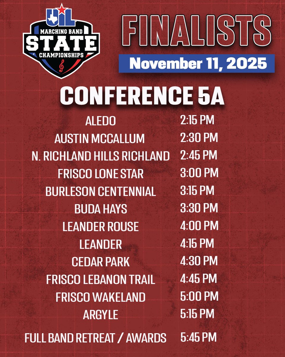 uiltexas's tweet image. Congrats to the Conference 5A bands advancing to tomorrow&apos;s #UILState Marching Band Finals! 🎵🎷