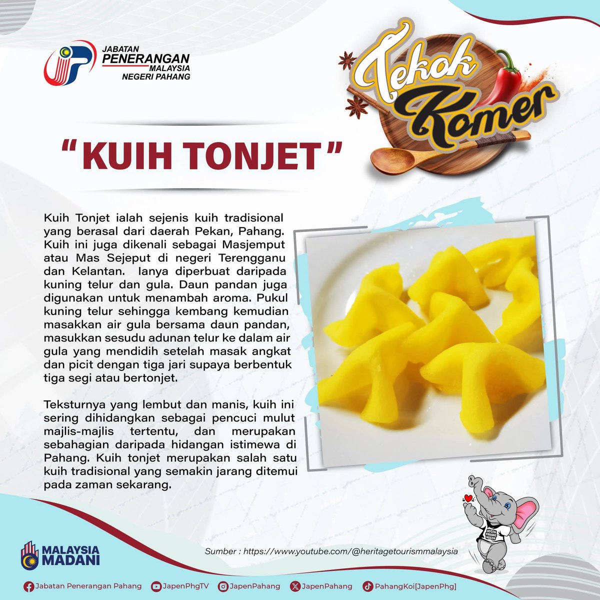 JapenPahang's tweet photo. Tekok Komer : " KUIH TONJET "
Banyak jugak kuih-muih tradisional di negeri Pahang yang mungkin kita semua tak pernah jumpa pun.
Kali ini kami perkenalkan Kuih Tonjet yang popular di daerah Pekan.
#MalaysiaMadani
#JabatanPenerangan
#phgkoi
#cmsphg https://t.co/LJVvE913hf