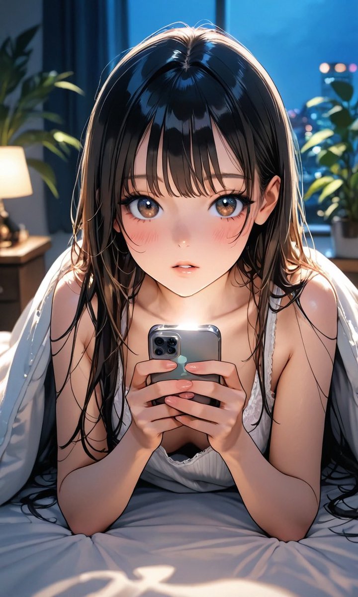 chipmunk_komugi's tweet image. おい、寝る前にスマホ見てると眠れなくなるぞ？
「うっざ…あんた私の母親かっての」

This is an original SFW anime-style illustration of a sleepy girl checking her phone before bed in her cozy room. Purely fictional character design. Family-friendly artwork. 
#AnimeArt #NightRoutine