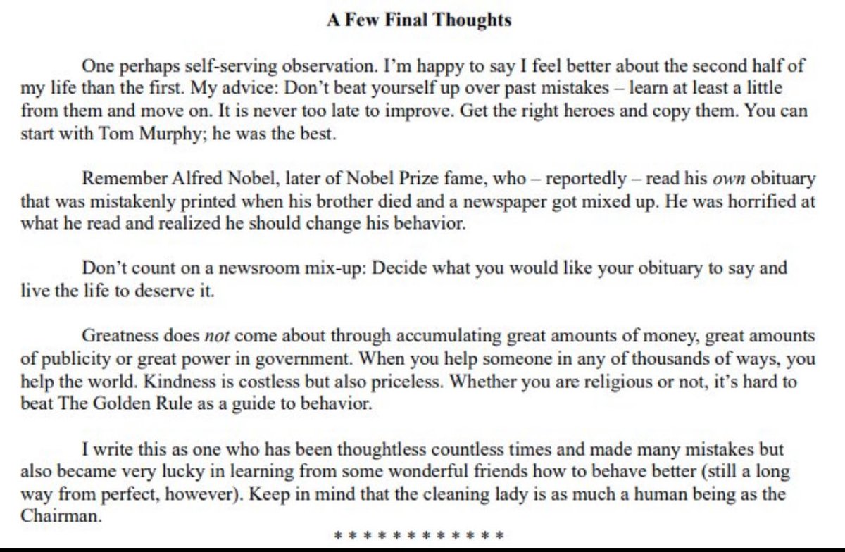 Bkov9's tweet image. "Decide what you would like your obituary to say and live the life to deserve it." 

Buffett's Thanksgiving letter is out  - he wishes all "a very happy Thanksgiving. Yes, even the jerks; it's never too late to change." 👊

Thank you Mr. Buffett 🙏♾️

berkshirehathaway.com/news/nov1025.p…