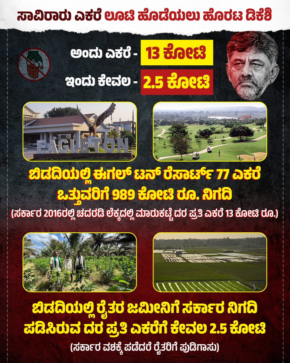 JanataDal_S's tweet image. ಬಿಡದಿ ಟೌನ್ ಶಿಪ್ ಹೆಚ್‌.ಡಿ.ಕುಮಾರಸ್ವಾಮಿ ಅವರ ಕಾಲದಲ್ಲಿ ಆಗಿರುವ ತೀರ್ಮಾನ ಎಂದು ರೈತರ ಸಾವಿರಾರು ಎಕರೆ ಜಮೀನು ಲೂಟಿ ಮಾಡಲು ಹೊರಟಿರುವ @DKShivakumar ಮತ್ತು @INCKarnataka  ನಾಯಕರೇ,

2016ರಲ್ಲಿ ಅಂದಿನ @siddaramaiah ಸರ್ಕಾರ, ಸಚಿವ ಸಂಪುಟ ಸಭೆಯಲ್ಲಿ ಬಿಡದಿ ಈಗಲ್ ಟನ್ ರೆಸಾರ್ಟ್ ಒತ್ತುವರಿ ಮಾಡಿದ್ದ ಪ್ರತೀ ಎಕರೆಗೆ 13 ಕೋಟಿ…