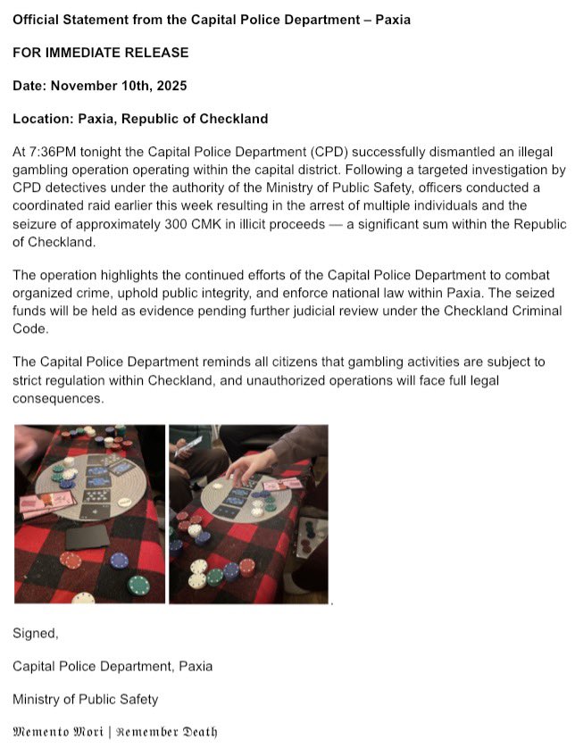 Statement from the Capital Police Department. #Checkland #Police #Micronation